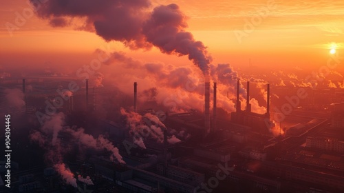 industry metallurgical plant dawn smoke smog emissions bad ecology aerial photography