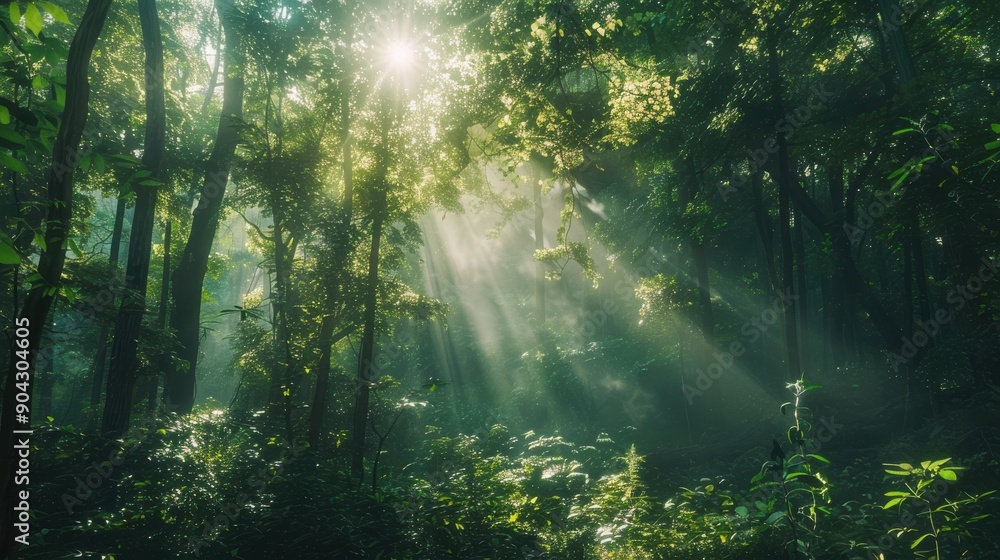 Dense forest with sunlight streaming through the trees, creating a serene and enchanting atmosphere Dense forest with sunlight streaming through the trees, creating a serene and enchanting atmosphere