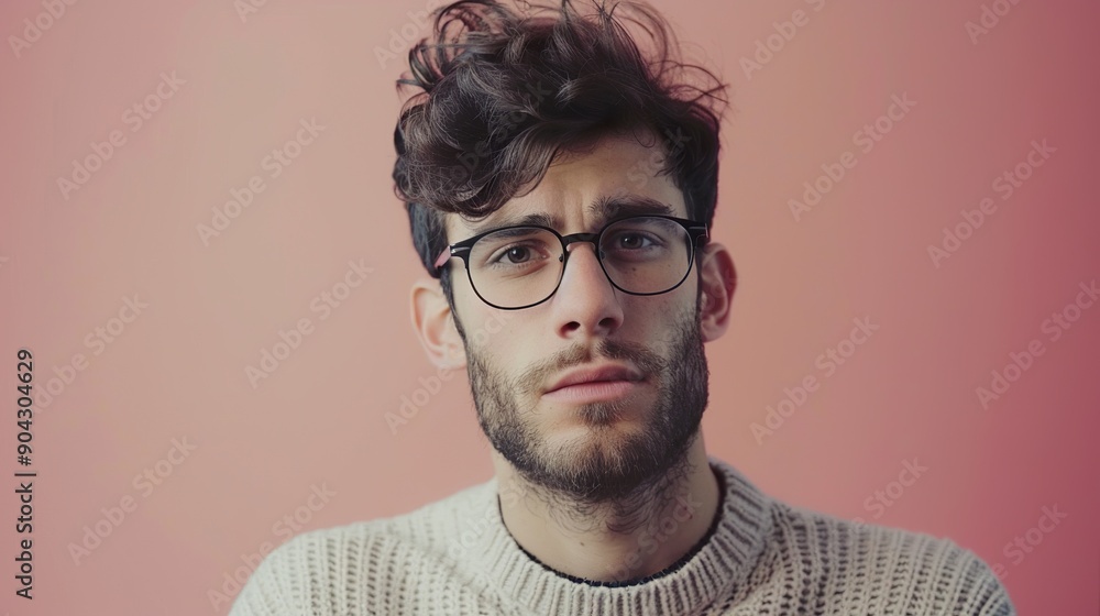 Show a man with glasses and a sweater, posed in front of a photo, against a soft pink background, capturing his warm Show a man with glasses and a sweater, posed in front of a photo, against a soft pink background, capturing his warm