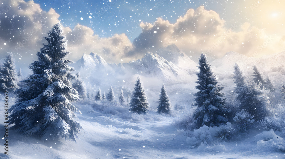 Snowy mountain landscape with pine trees and falling snow. Snowy mountain landscape with pine trees and falling snow.