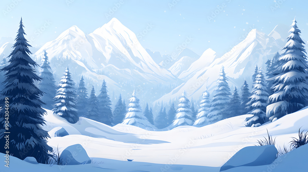 Snowy mountain landscape with pine trees and falling snow. Snowy mountain landscape with pine trees and falling snow.