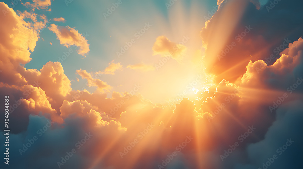 Golden rays of sunlight burst through fluffy clouds in a breathtaking sunset sky. Golden rays of sunlight burst through fluffy clouds in a breathtaking sunset sky.