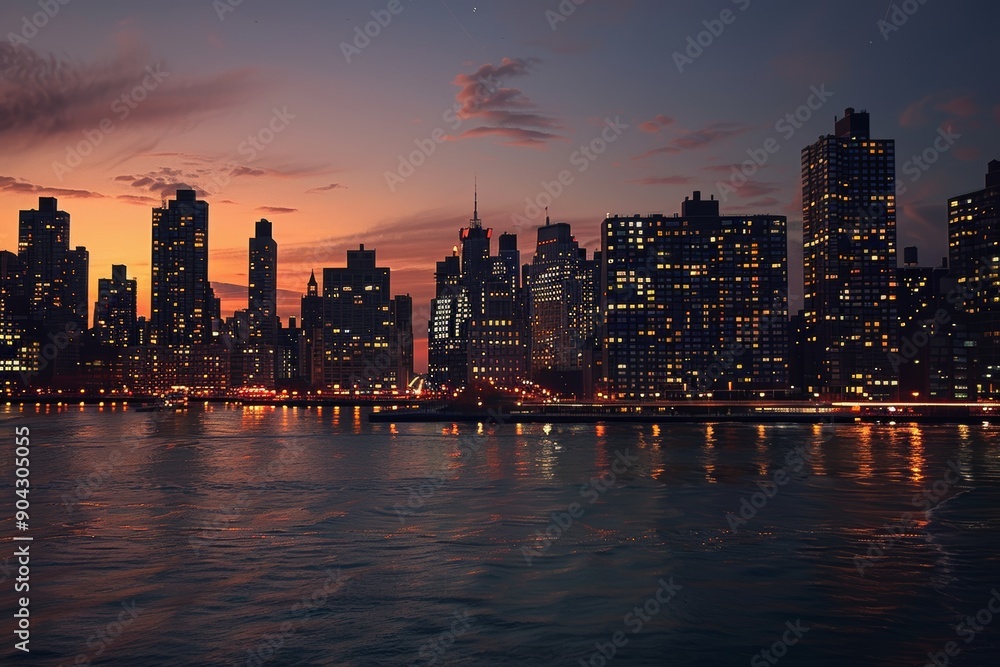 Fototapeta premium Stunning City Skyline at Dusk with Twinkling Lights and Vibrant Sunset Colors