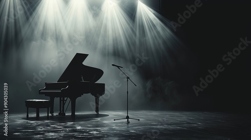 A grand piano sits under spotlights on a stage, ready for a performance.  A microphone stands nearby.  The atmosphere is dramatic and anticipation builds.