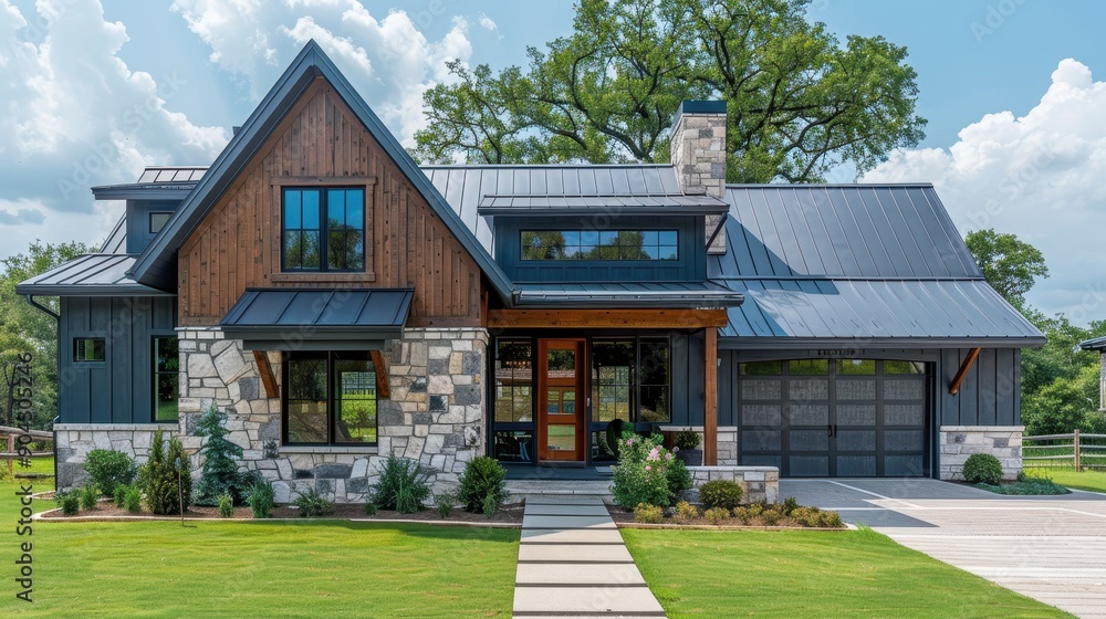 A large house with a black roof and a black exterior. The house has a lot of windows and a porch A large house with a black roof and a black exterior. The house has a lot of windows and a porch