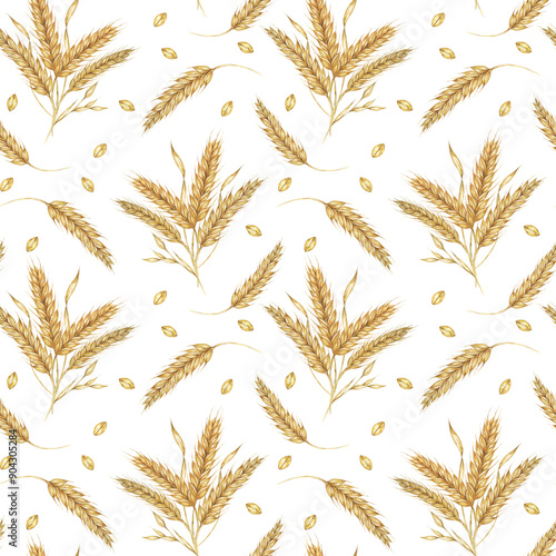 Wheat or barley golden cereal spikes backdrop for Thanksgiving, bakery, Shavuot. Seamless watercolor for fabric designs, nature-themed packaging, eco-conscious branding, and rustic home decor projects photo