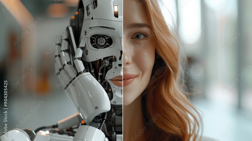 Fototapeta premium Humanoid Robot and Woman: A Fusion of Technology and Humanity