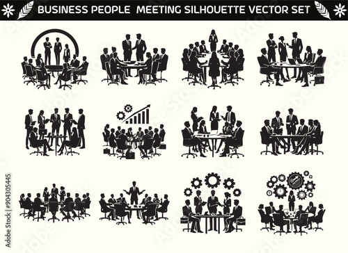 Business People Meeting Silhouette Vector Illustration Set 