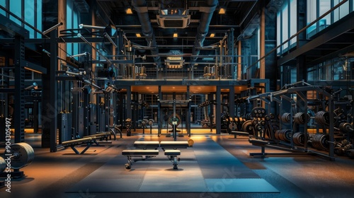 Wide angle photography of an empty modern gym interior full of weights, bars and racks. Strong artificial lighting illuminat