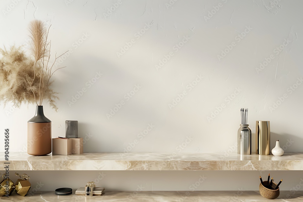 Beige marble table with office accessories and shelf on white wall, 3D render, cinematic style, high resolution, intricate details, sharp focus. Beige marble table with office accessories and shelf on white wall, 3D render, cinematic style, high resolution, intricate details, sharp focus.