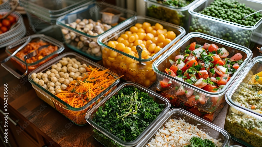 A variety of fresh vegetables and other ingredients arranged in glass containers on a table. A variety of fresh vegetables and other ingredients arranged in glass containers on a table.