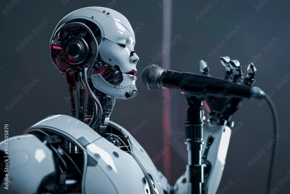 a cybernetic AI human singing into a microphone a cybernetic AI human singing into a microphone