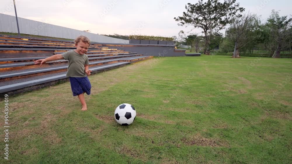 Young child joyfully plays soccer barefoot in park, kicking ball on grass. In slow-motion wide shot, little boy interacts with ball, receiving and passing it with cheerful energy. Young child joyfully plays soccer barefoot in park, kicking ball on grass. In slow-motion wide shot, little boy interacts with ball, receiving and passing it with cheerful energy.