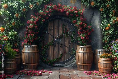a wooden door with barrels and flowers