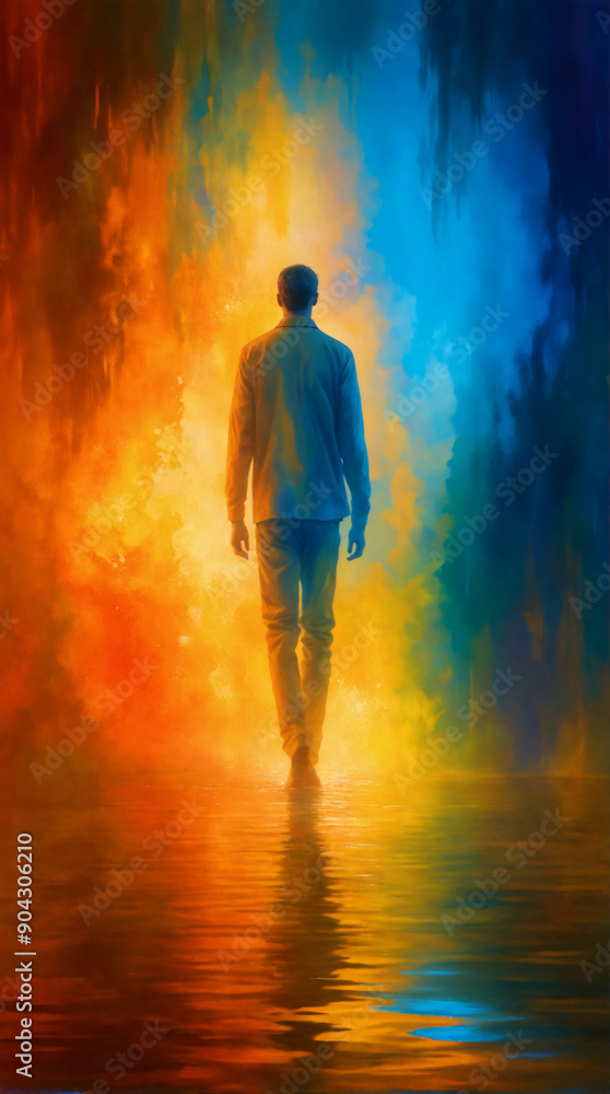 Abstract human silhouette, soul, spirit walks into another life energy world. Colourful background with mysterious, fantasy space, spiritual light Abstract human silhouette, soul, spirit walks into another life energy world. Colourful background with mysterious, fantasy space, spiritual light
