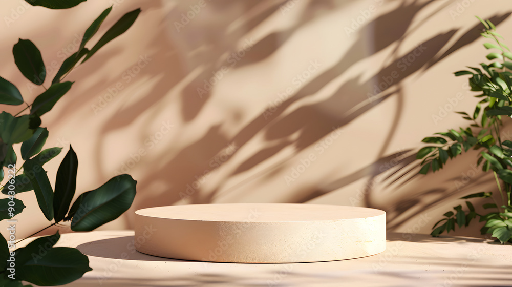 Beige round podium with shadows of leaves. Beige round podium with shadows of leaves.