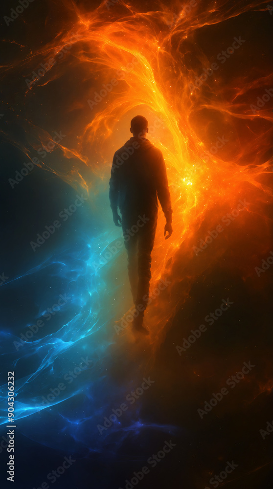 Abstract human silhouette, soul, spirit walks into another life energy world. Colourful background with mysterious, fantasy space, spiritual light Abstract human silhouette, soul, spirit walks into another life energy world. Colourful background with mysterious, fantasy space, spiritual light