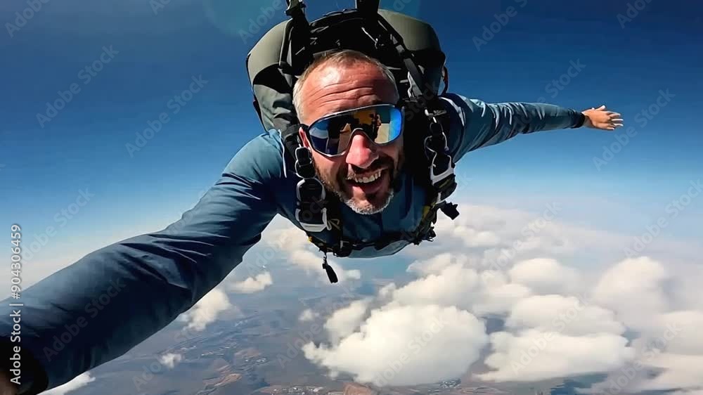 Mature man skydiving filming selfie Mature man skydiving filming selfie