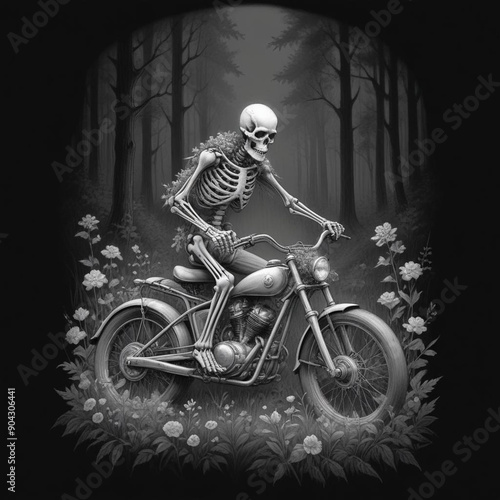 A skeleton wearing a motorcycle helmet and riding a motorcycle through a dark forest with colorful flowers in the foreground