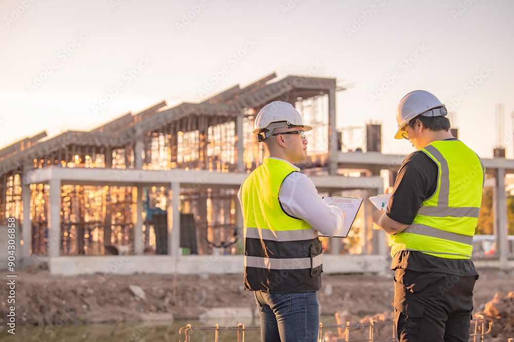 Two Asian engineer working at site of a large building project,Thailand people,Work overtime at construction site,Team of engineer discus at site Two Asian engineer working at site of a large building project,Thailand people,Work overtime at construction site,Team of engineer discus at site