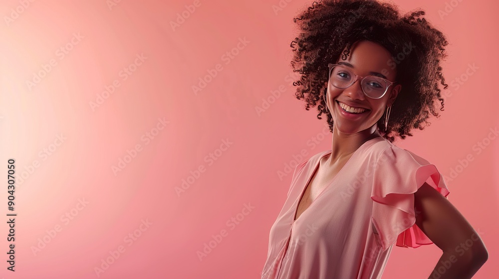Show a smiling woman with her hand on her hip, posed against a soft pink background, capturing her warmth and friendly nature Show a smiling woman with her hand on her hip, posed against a soft pink background, capturing her warmth and friendly nature