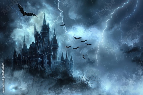 A dark, ominous castle with bats flying around, set against a stormy night sky with lightning