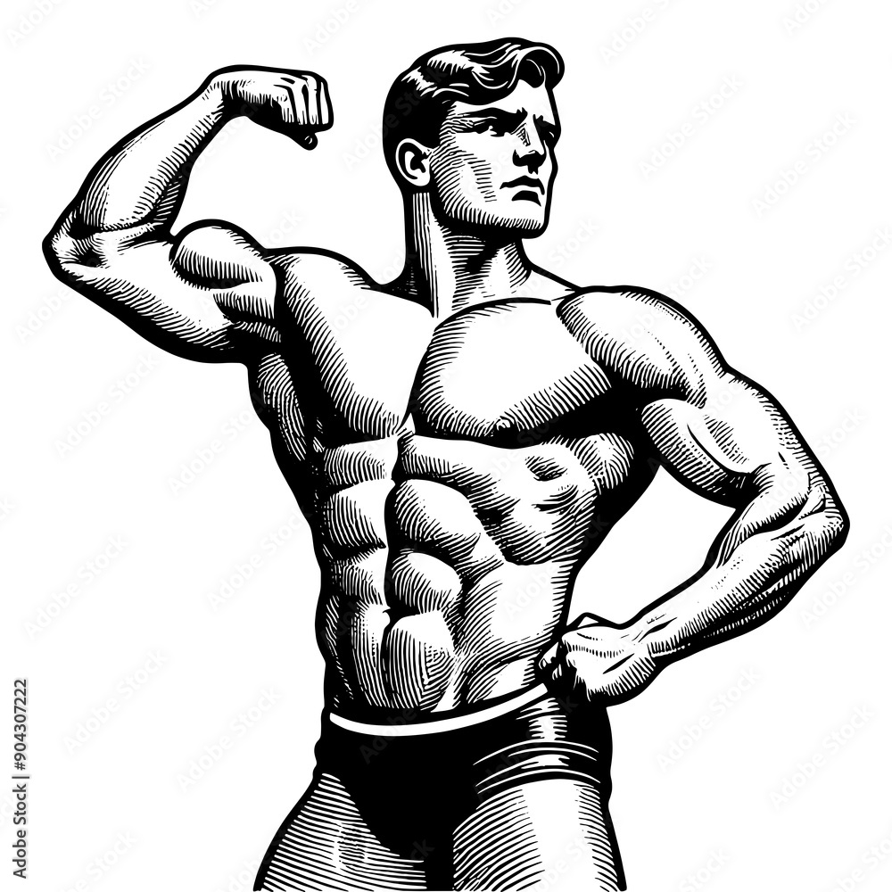 ภาพประกอบสต็อก bodybuilder flexing his muscles, showcasing a classic ...