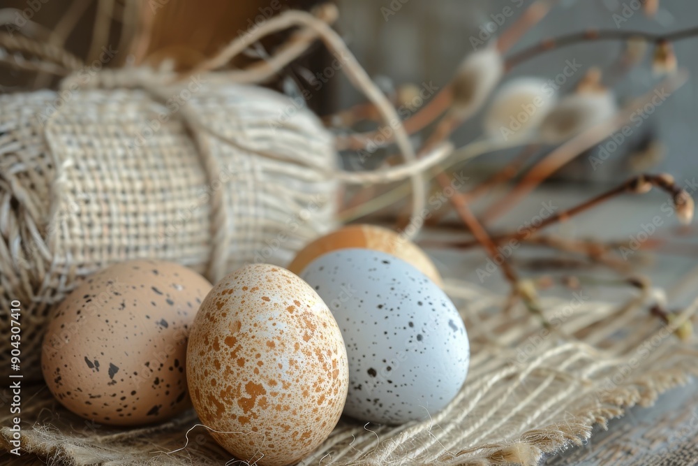 Obraz premium Three speckled Easter eggs on burlap with twine and branches.