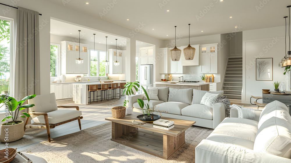 Beautiful living room interior in new luxury home with open concept floor plan. Shows kitchen, dining room, and wall of windows with amazing exterior view Beautiful living room interior in new luxury home with open concept floor plan. Shows kitchen, dining room, and wall of windows with amazing exterior view