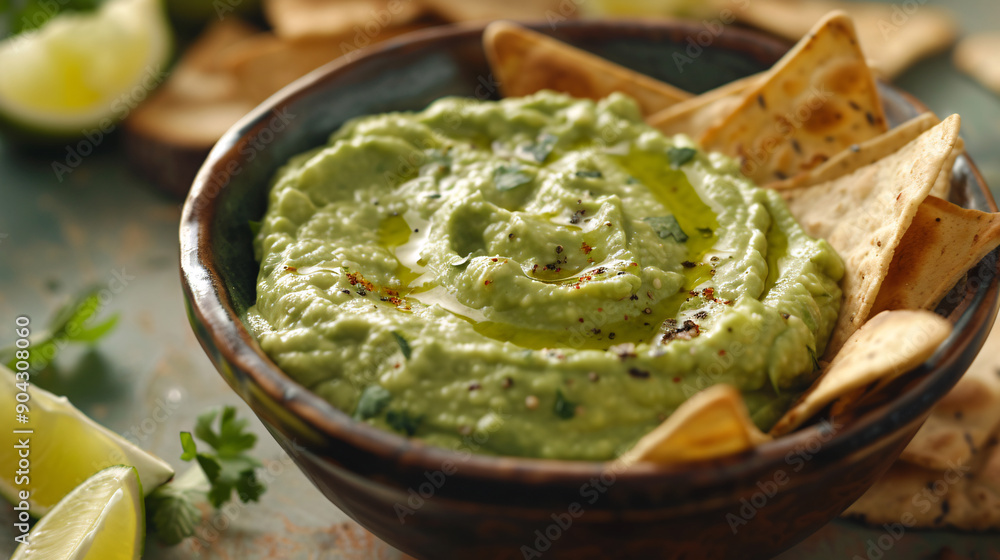 Bowl of creamy avocado dip with pita chips Bowl of creamy avocado dip with pita chips
