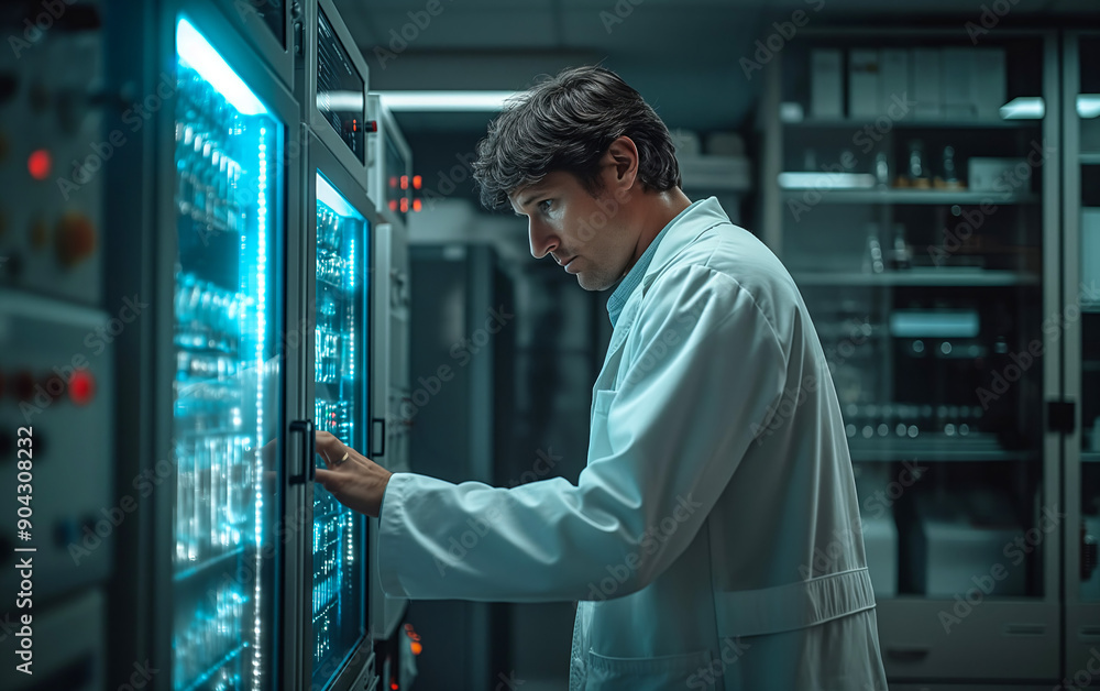A focused scientist, clad in a pristine white lab coat, meticulously manipulates a digital interface to command an advanced electronic cabinet