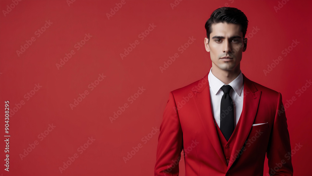 Male handsome model wearing red suit isolated on solid red background. Copy space Male handsome model wearing red suit isolated on solid red background. Copy space