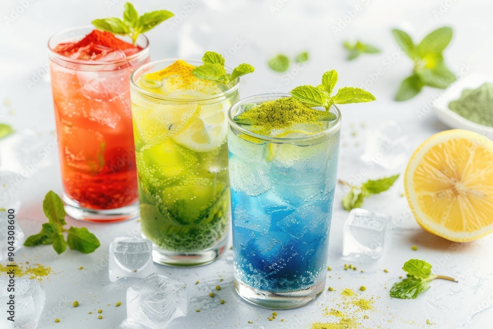 Colorful Summer Drinks with Lemon and Mint Colorful Summer Drinks with Lemon and Mint