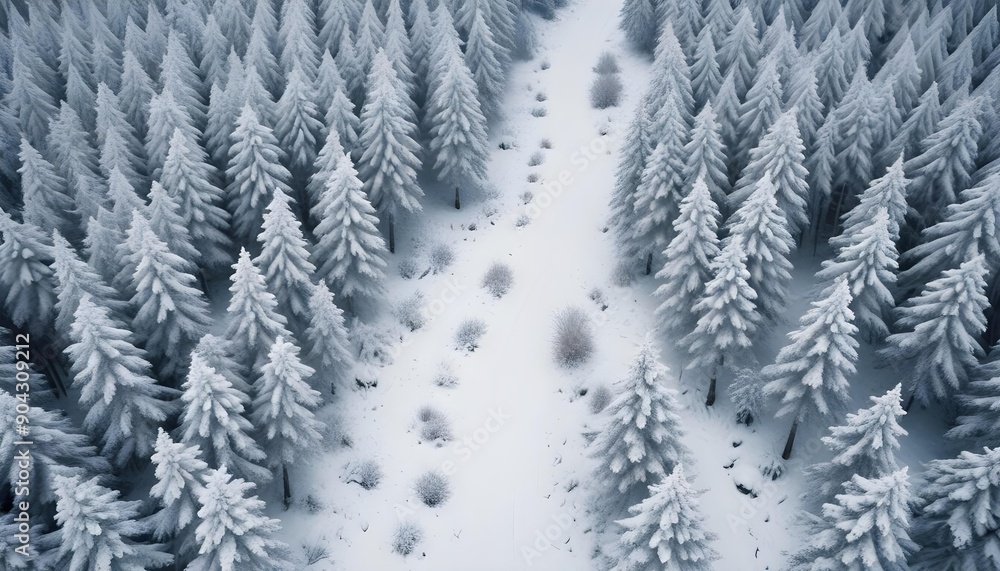 Forest in snow. Snowy forest road. Forest road from above Forest in snow. Snowy forest road. Forest road from above