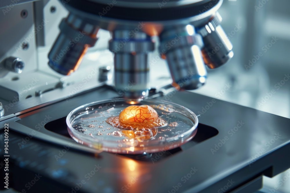 Microscope Observation of Human Embryo in Petri Dish - Bright Laboratory Setting for Research and Science Microscope Observation of Human Embryo in Petri Dish - Bright Laboratory Setting for Research and Science