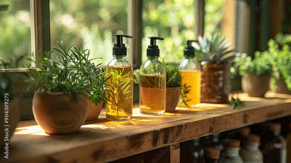 Wooden shelf with plants and bottles of liquid soap. Sunlight streams through a window Wooden shelf with plants and bottles of liquid soap. Sunlight streams through a window