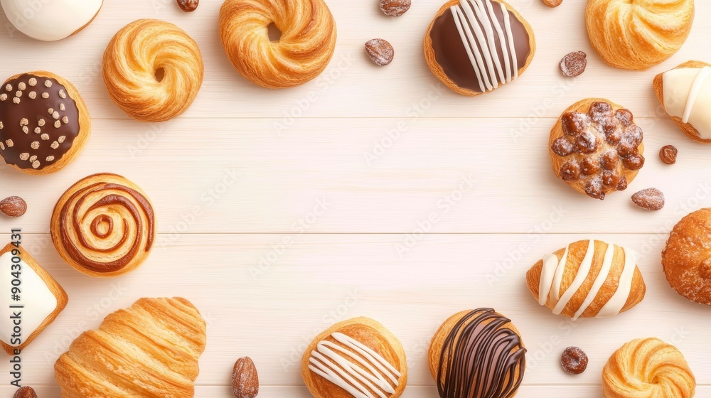 Pastry assortment, top view on wooden table, flat design illustration, high-resolution photo, realistic photo, hyper realistic Pastry assortment, top view on wooden table, flat design illustration, high-resolution photo, realistic photo, hyper realistic