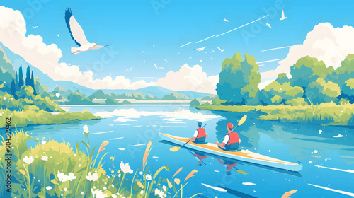 A Serene Kayaking Journey in a Picturesque Mountainous Landscape with Flora and Fauna