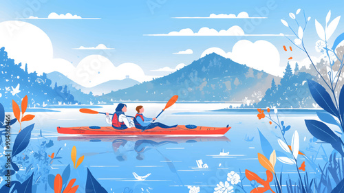 Serene Lake Kayaking Adventure Amidst Flora and Fauna Under a Clear Blue Sky