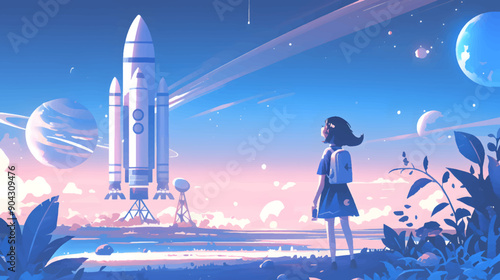 Serene contemplation by the lake: a young observer in the midst of an impending space journey