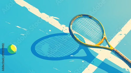 Tennis Racket and Ball on Worn Blue Court Highlighting the Essence of the Sport