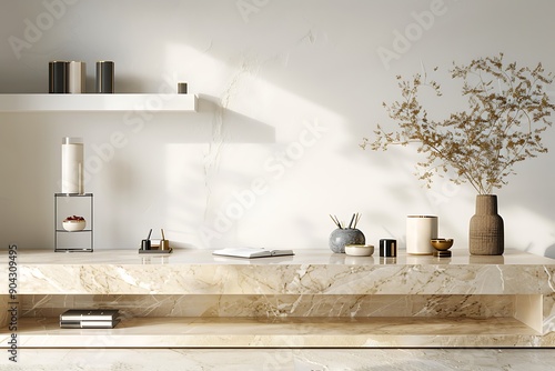 Beige marble table with office accessories, white wall with shelf, 3D render, cinematic, high resolution, intricate details, sharp focus.