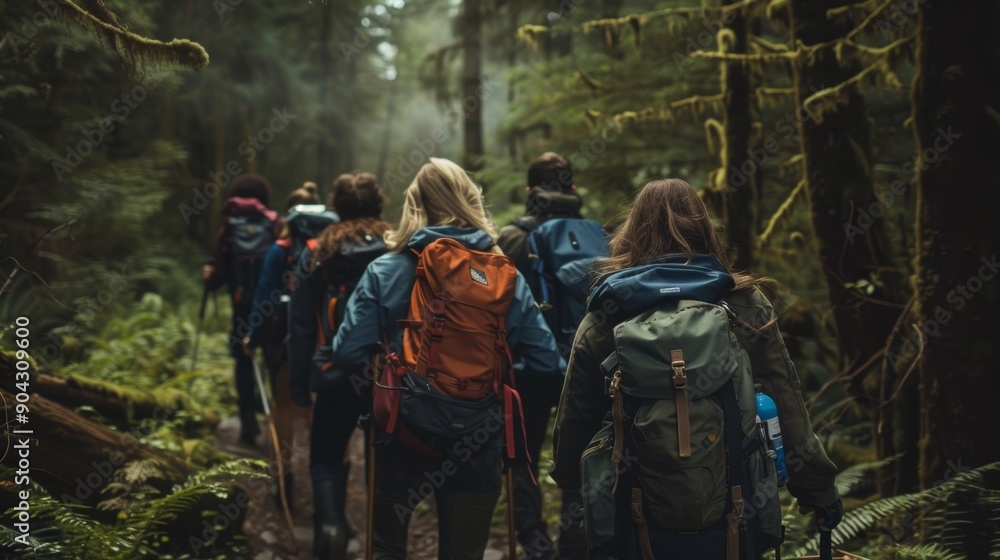Group of Classmates Hiking Through Dense Forest with Backpacks and Walking Sticks - Outdoor Adventure Theme Group of Classmates Hiking Through Dense Forest with Backpacks and Walking Sticks - Outdoor Adventure Theme