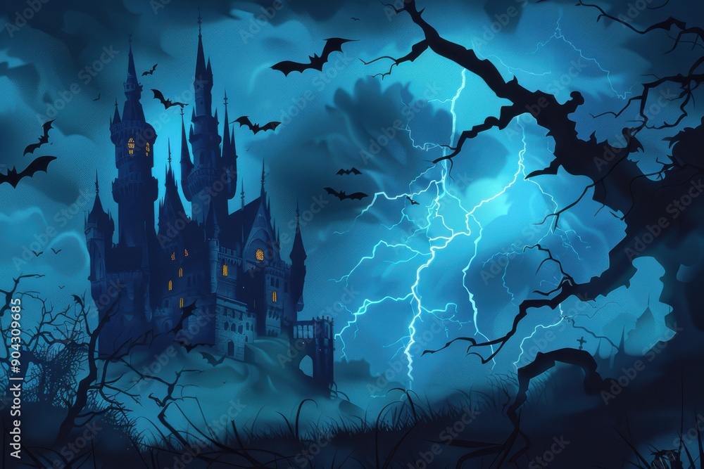 Fototapeta premium A dark, ominous castle with bats flying around, set against a stormy night sky with lightning