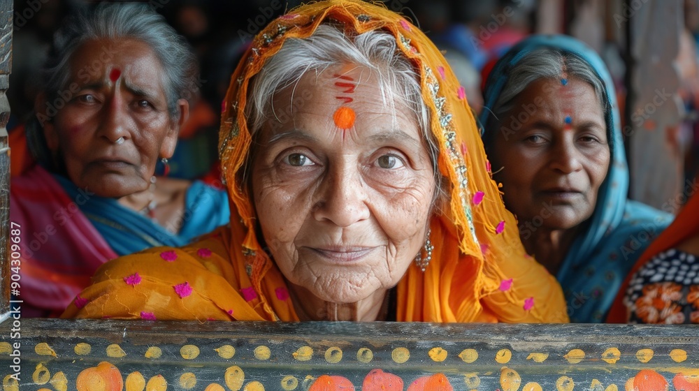 Several older women, likely Indian, are looking at the viewer through a patterned wooden structure. They are wearing colorful clothing Several older women, likely Indian, are looking at the viewer through a patterned wooden structure. They are wearing colorful clothing