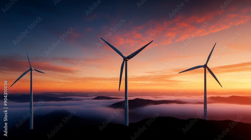 Obraz premium Serene sunrise over mist-covered mountains with wind turbines emerging through the fog, creating a mystical and sustainable energy scene, high-resolution photo, realistic photo, hyper realistic
