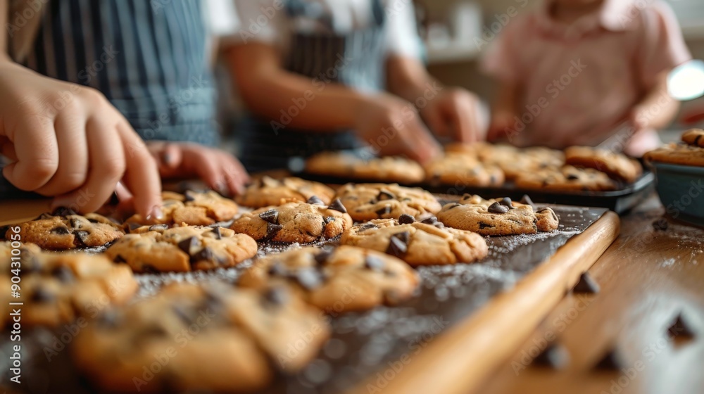 Freshly baked chocolate chip cookies on a cooling rack, being handled by children's hands Freshly baked chocolate chip cookies on a cooling rack, being handled by children's hands