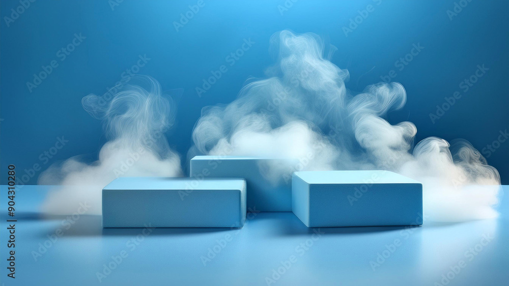 Pastel blue square podiums with smoke around them on a blue background for product presentation Pastel blue square podiums with smoke around them on a blue background for product presentation