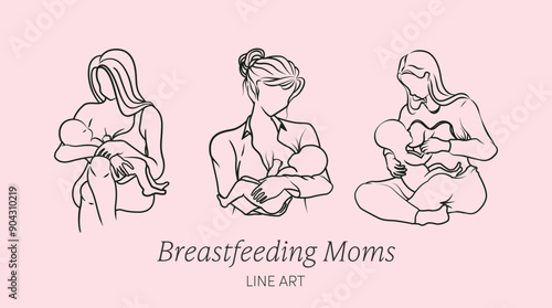 Line art vector design of moms breastfeeding babies in different poses.