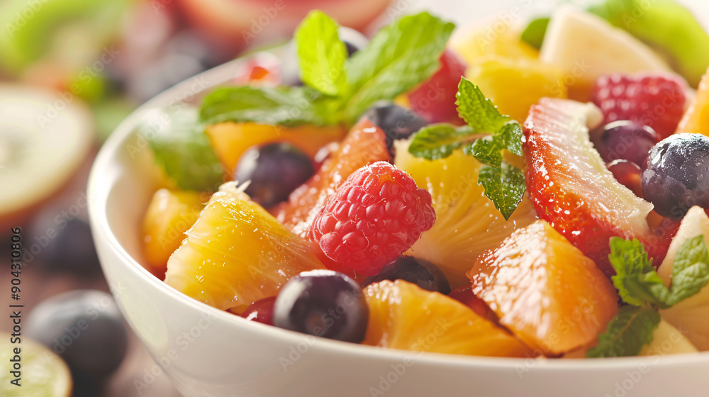 Bowl of fresh fruit salad with mint leaves Bowl of fresh fruit salad with mint leaves